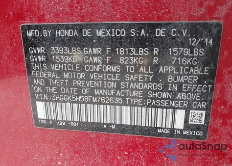 2015 Honda Fit Lx z USA, uszkodzony, nr VIN 3HGGK5H58FM762635